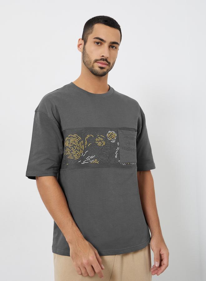 Styli Men Grey Graphic Print Oversized T-Shirt - Image 2